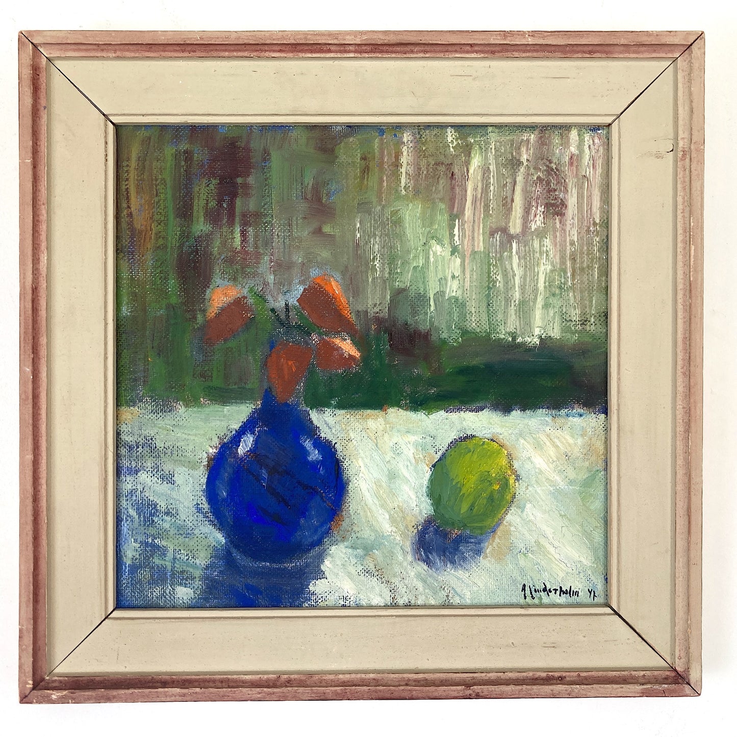 Blue Vase and Apple - A Vintage Swedish Mid Century Original Scandinavian Modernist Oil on Board Painting