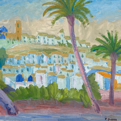 French Riviera Townscape - Vintage French Original Oil on Board by Francois Diana (1903-1993)