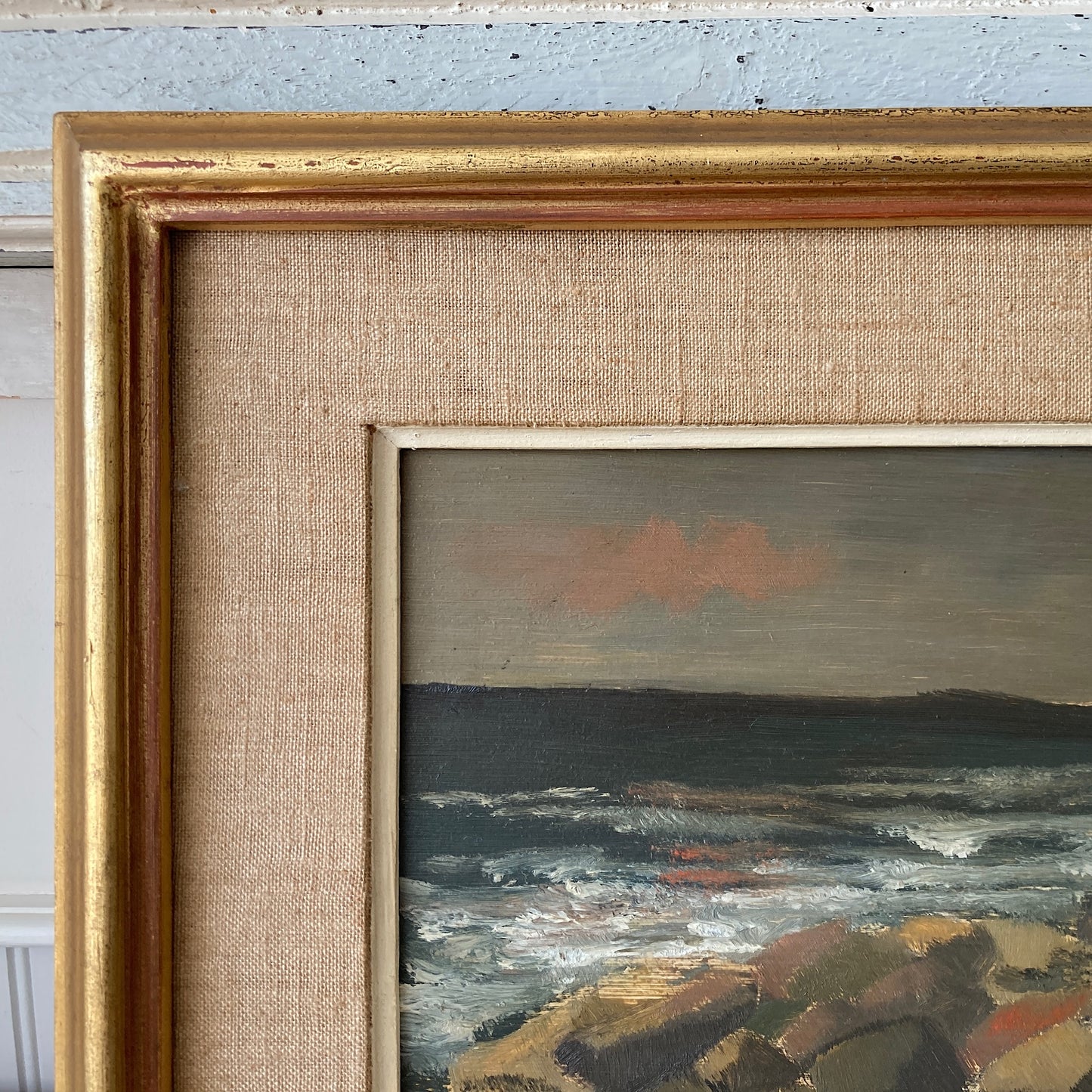 Evening Coast - Vintage Scandinavian Mid Century Oil on Board Framed Painting of Waves on Rocks under an Evening Sky