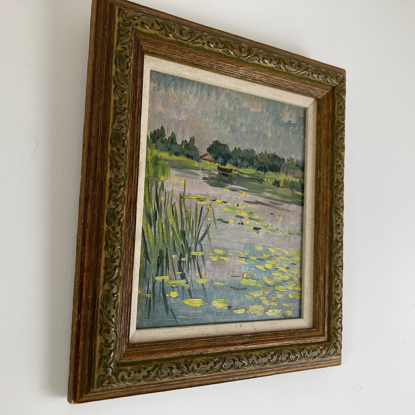 Waterlilies - Small Antique Original European Impressionist Oil Painting of a River Scene