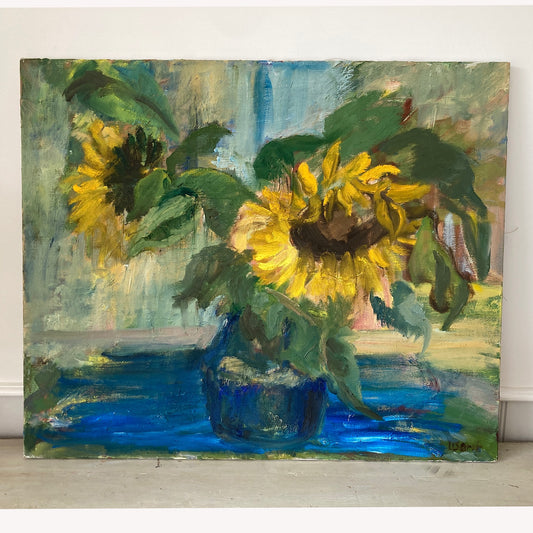 Sunflowers - Vintage European Original Still Life Oil Painting of Sunflowers in a Vase