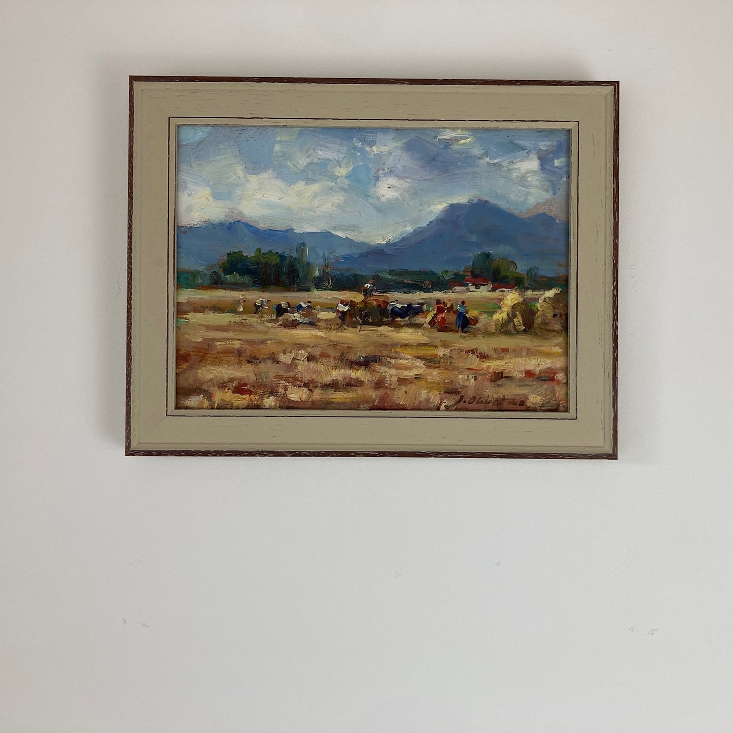 Harvest Time - Small Original Vintage Spanish Oil Painting of a Golden Landscape