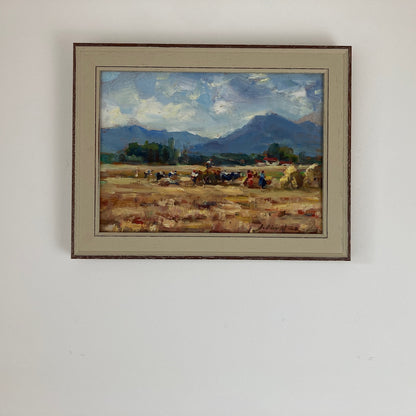Harvest Time - Small Original Vintage Spanish Oil Painting of a Golden Landscape