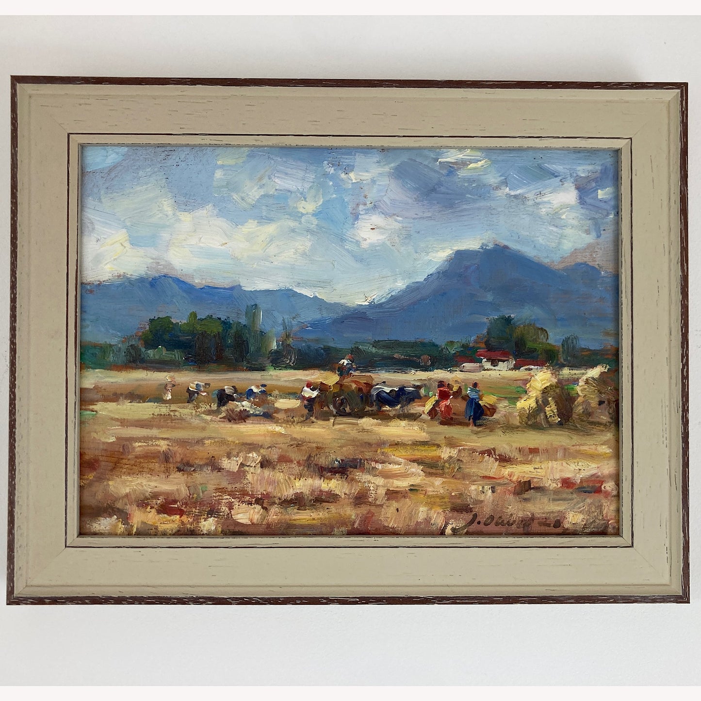 Harvest Time - Small Original Vintage Spanish Oil Painting of a Golden Landscape