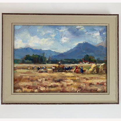 Harvest Time - Small Original Vintage Spanish Oil Painting of a Golden Landscape