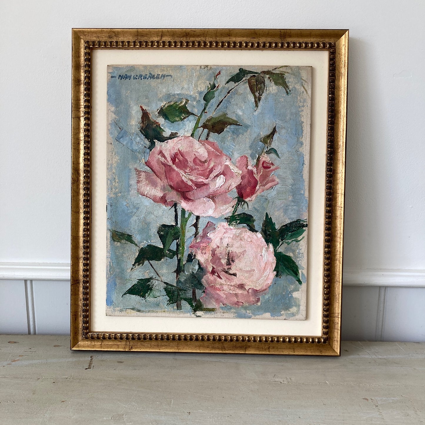 Roses Oil Painting by Nan Greacen – Impressionist Floral Still Life (Circa 1950)