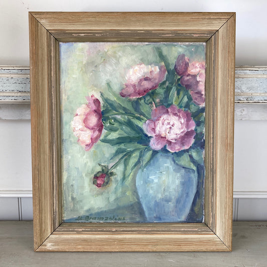 Peonies - Vintage European Oil on Board Still Life Painting of Pink Peony Flowers in a Vase Original Swedish Art by Marta Bramzeliuz b.1899