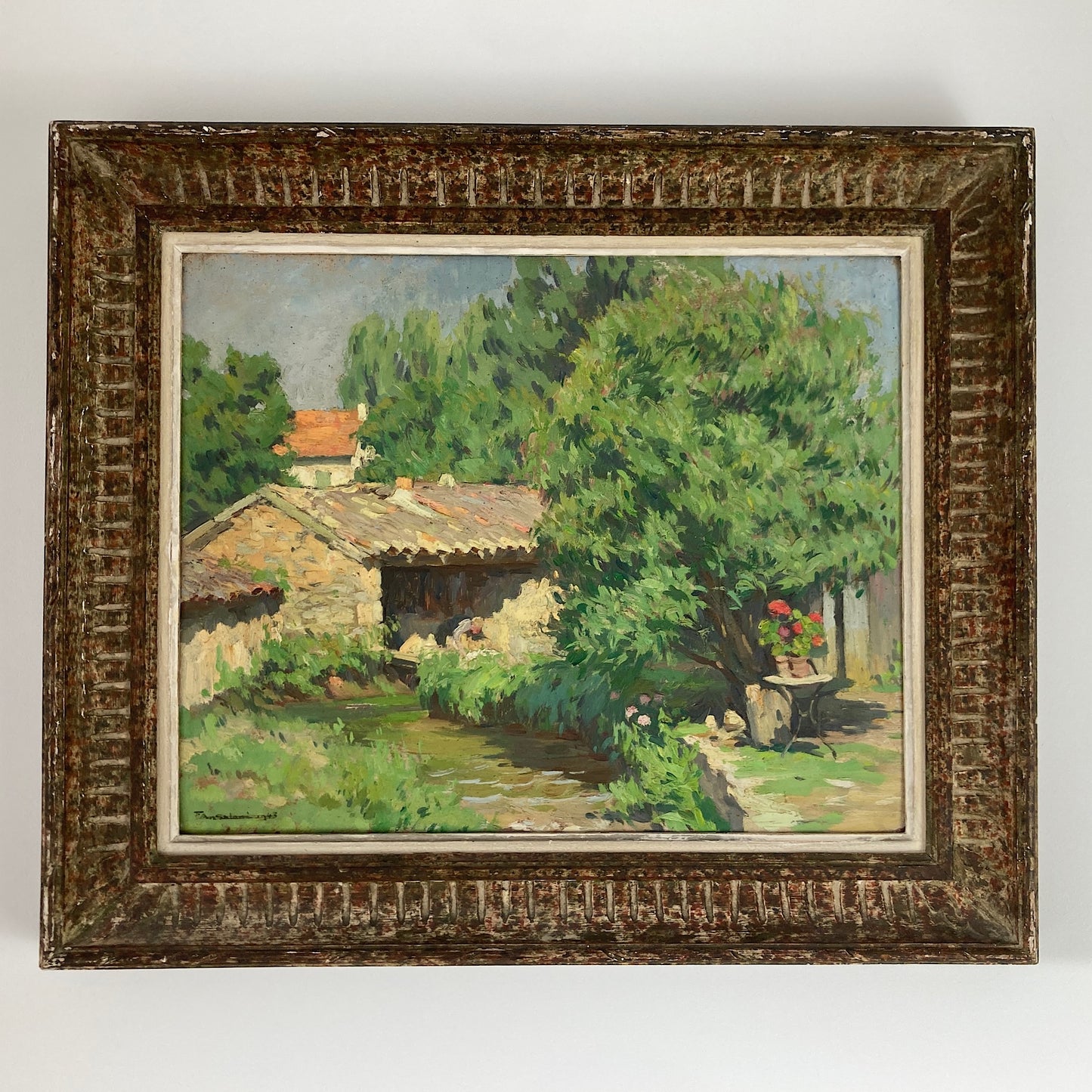 A Summer Garden in France - Medium Antique Original European Impressionist Oil Painting of a French Garden