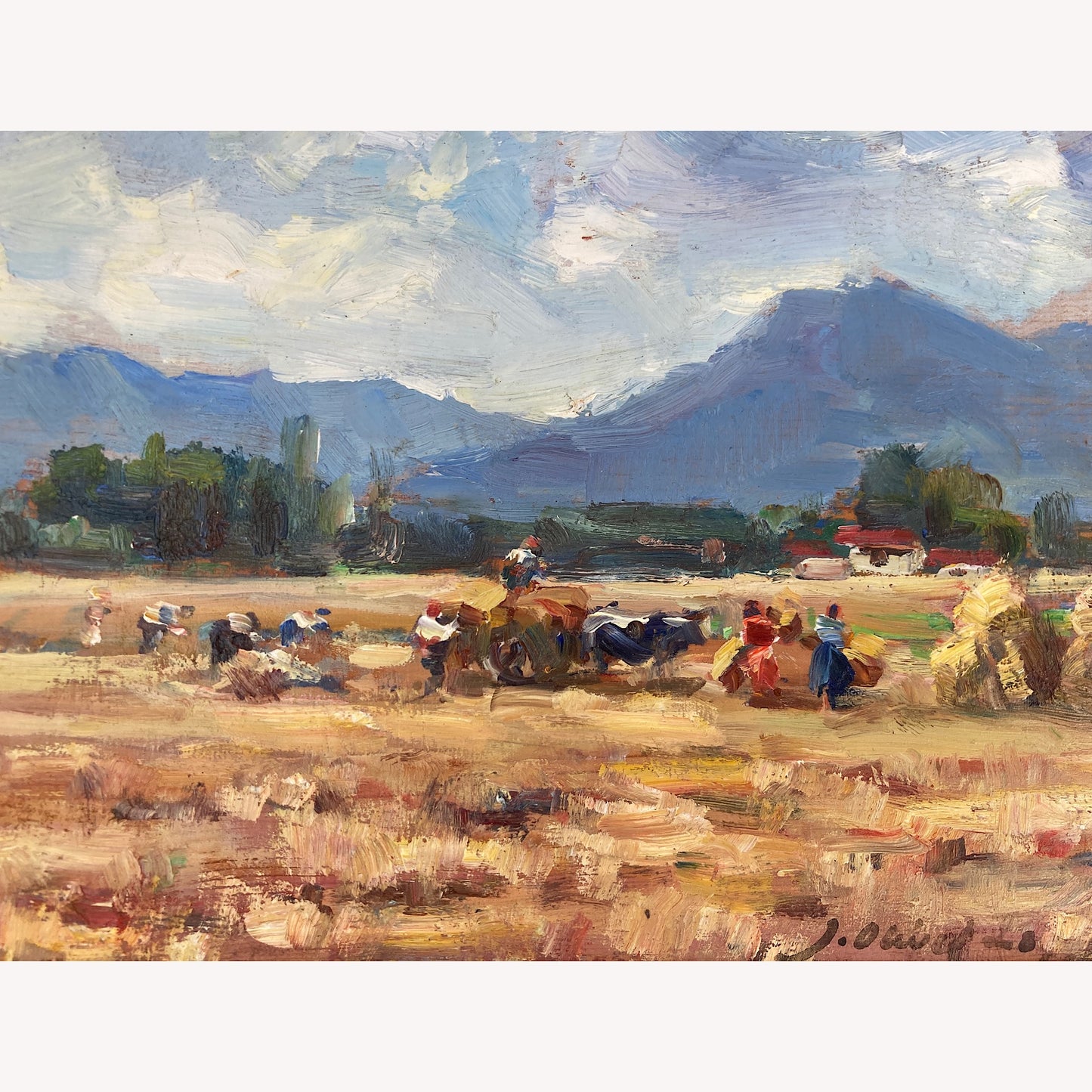 Harvest Time - Small Original Vintage Spanish Oil Painting of a Golden Landscape