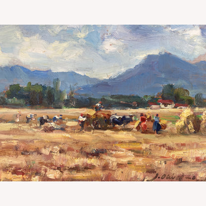 Harvest Time - Small Original Vintage Spanish Oil Painting of a Golden Landscape