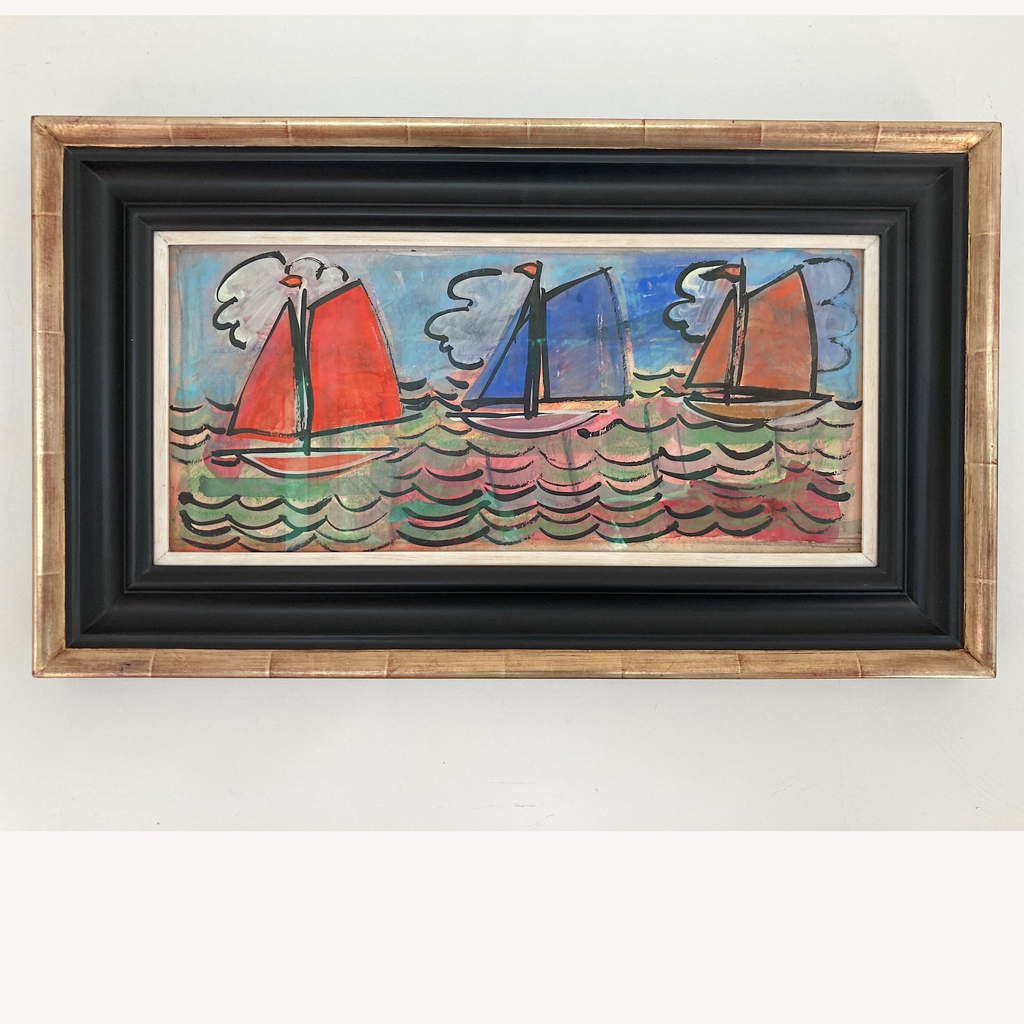 Three Sailboats - French School Mid Century Vintage Original Watercolour and Gouache Framed Painting