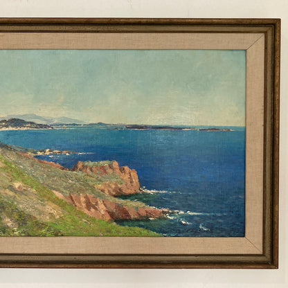 Cote d’Azure - Vintage Oil on Canvas Board Coastline Painting of the Cote d’Azure France Dated 1957