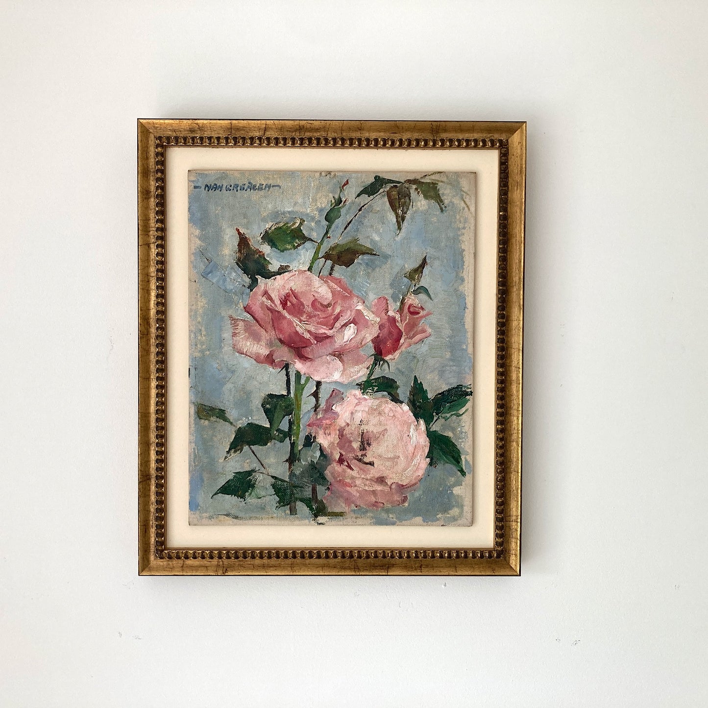 Roses Oil Painting by Nan Greacen – Impressionist Floral Still Life (Circa 1950)