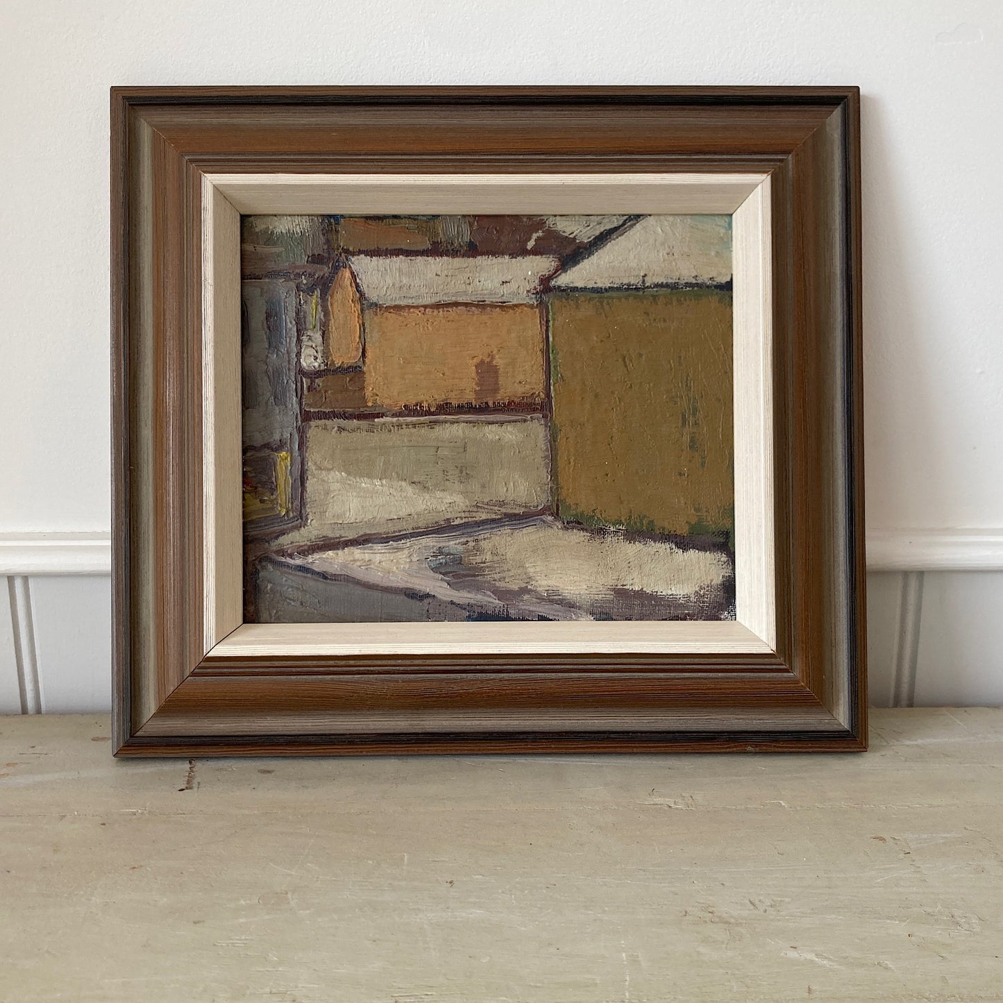 Mid Century Scandinavian Street View Oil Painting – Original Vintage Art