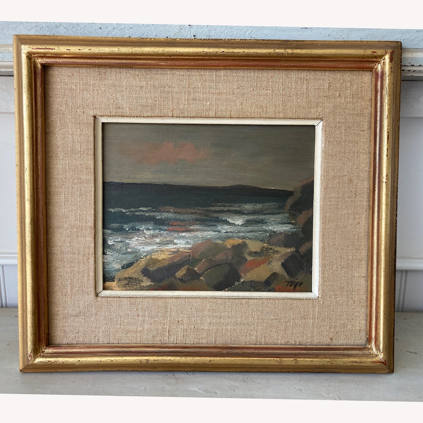 Evening Coast - Vintage Scandinavian Mid Century Oil on Board Framed Painting of Waves on Rocks under an Evening Sky