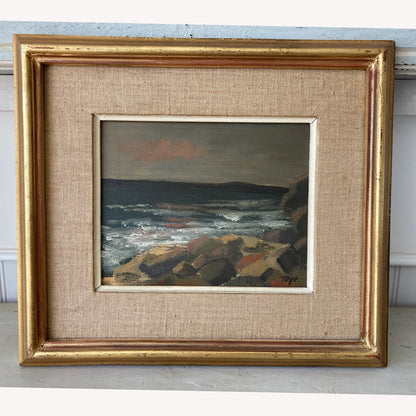 Evening Coast - Vintage Scandinavian Mid Century Oil on Board Framed Painting of Waves on Rocks under an Evening Sky