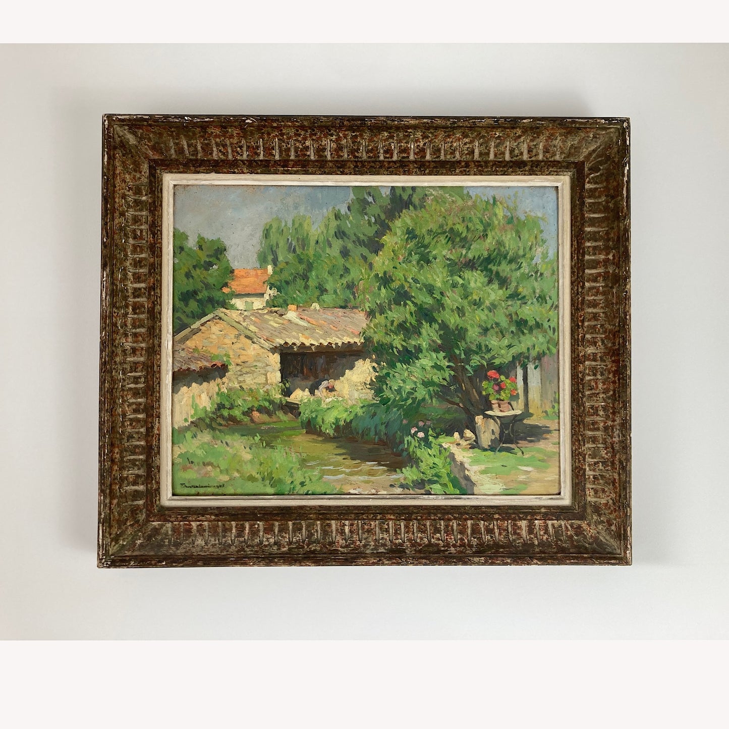 A Summer Garden in France - Medium Antique Original European Impressionist Oil Painting of a French Garden