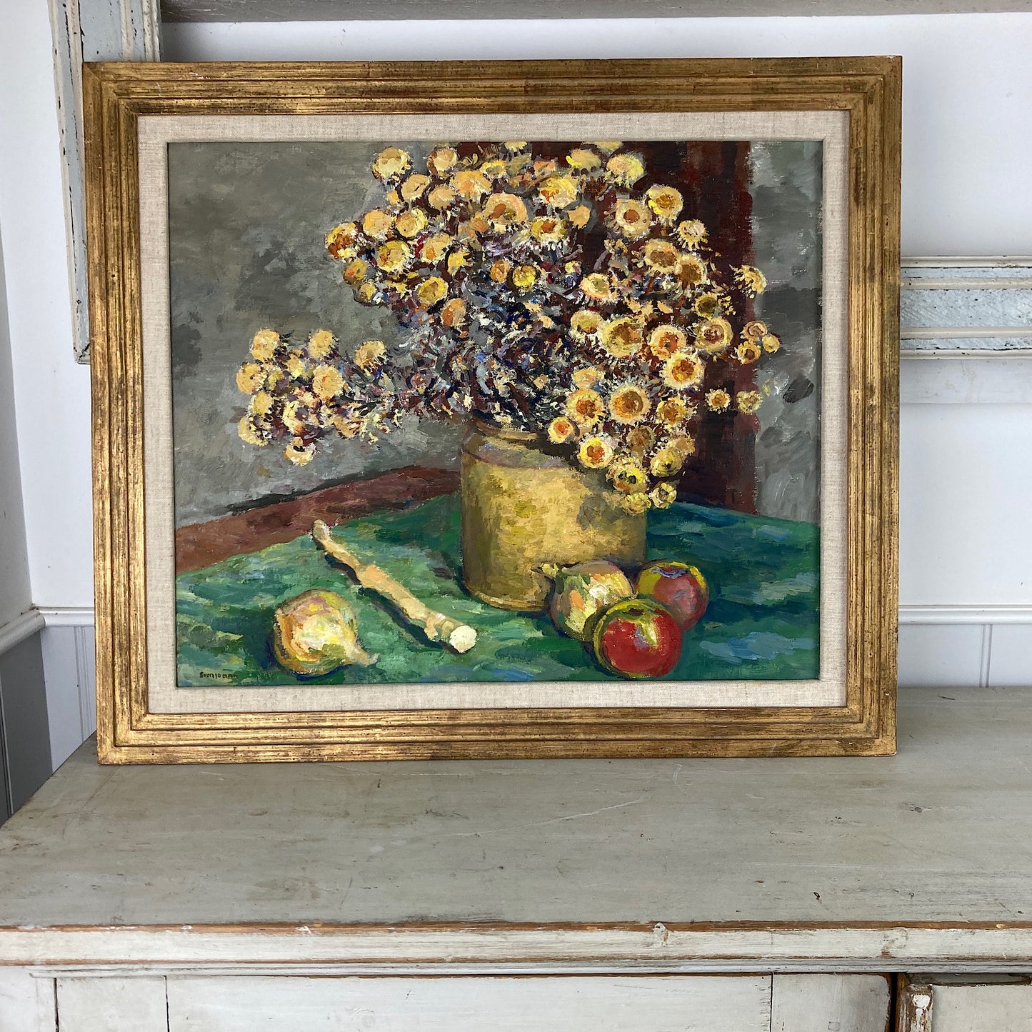 Impressionist Floral Still Life - A Vintage Mid Century European Original Still Life Oil Painting of flowers, fruit and Asparagus