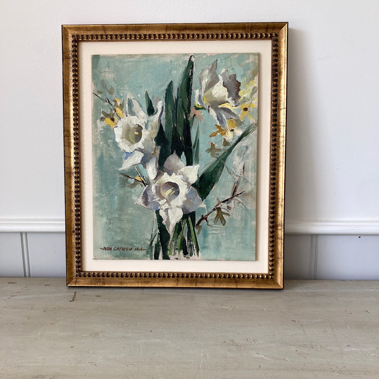 Daffodils Oil Painting – Nan Greacen Impressionist Floral Still Life, Framed Canvas