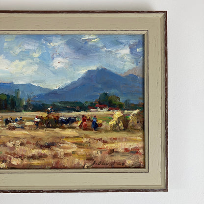 Harvest Time - Small Original Vintage Spanish Oil Painting of a Golden Landscape