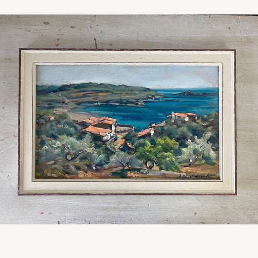 Mediterranean View - Small Original Vintage Spanish Oil Painting of a Bay