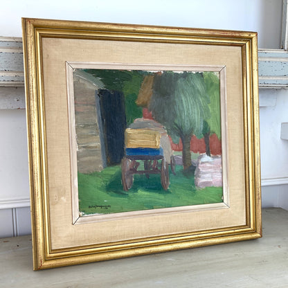 The Painted Cart - A MID CENTURY Oil on Board of a Summer Country Scene - Scandinavian Vintage Framed Painting