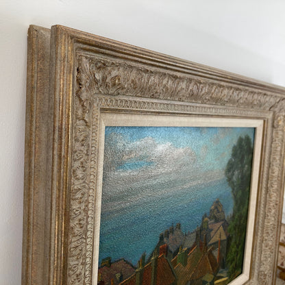 Rooftops to the Sea – British Vintage Oil on Board Framed Painting