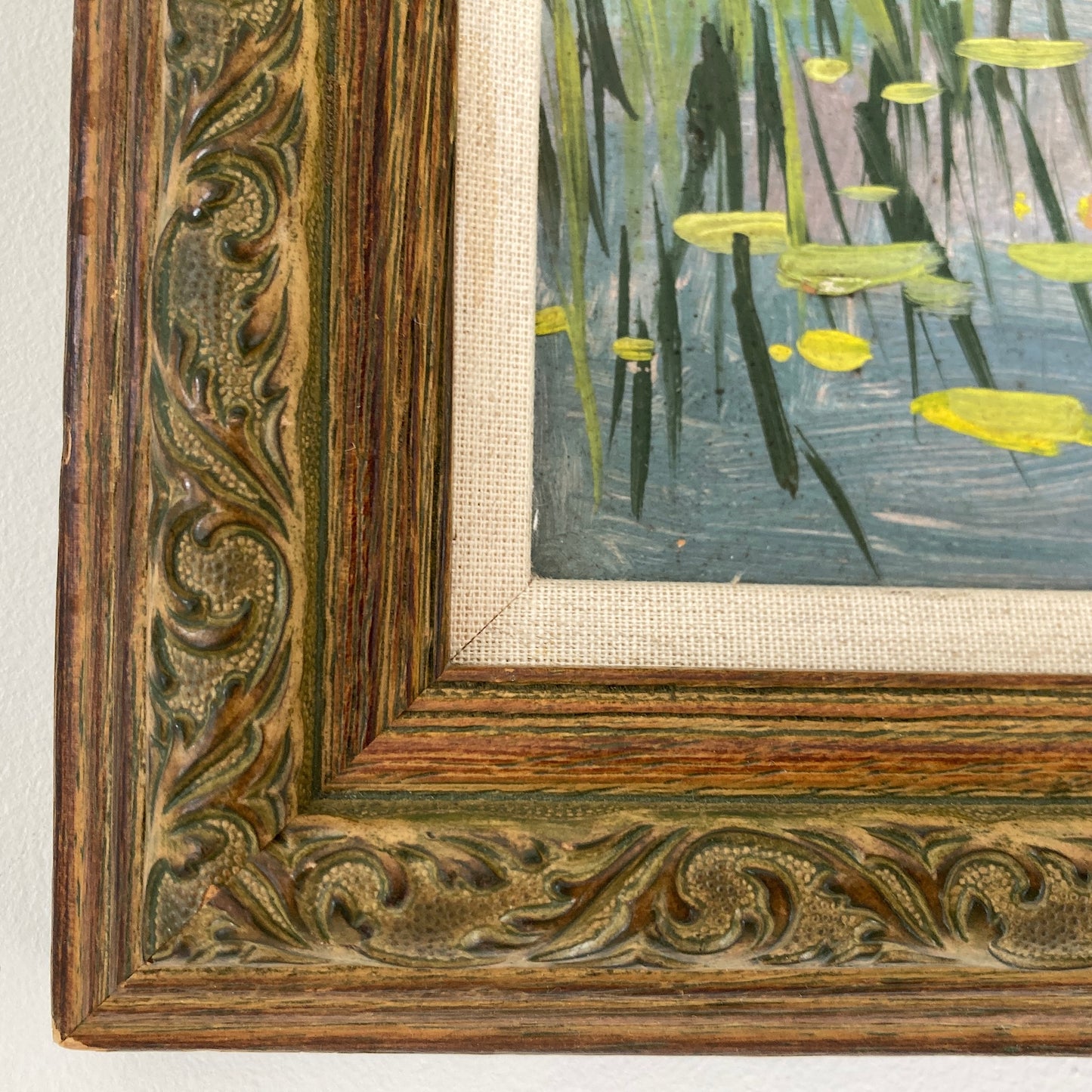 Waterlilies - Small Antique Original European Impressionist Oil Painting of a River Scene