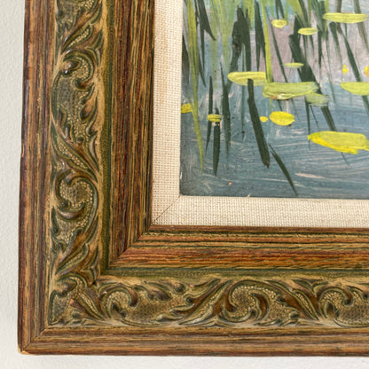 Waterlilies - Small Antique Original European Impressionist Oil Painting of a River Scene