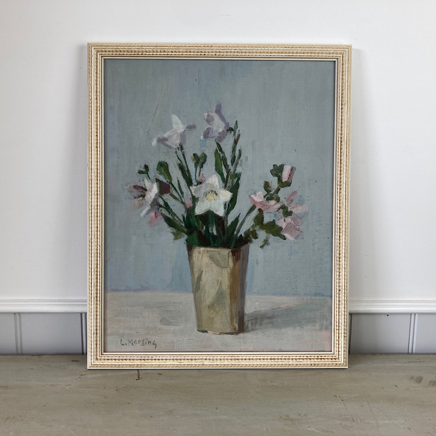 Campanula Flowers - Vintage Mid Century Modern Scandinavian Original Oil Painting by Leopold Morsing