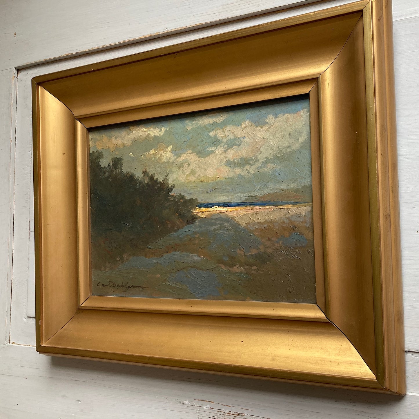 Sunlight on the Shore - Vintage Scandinavian Oil on Board Framed Painting of the Last Sun on a Beach Shoreline