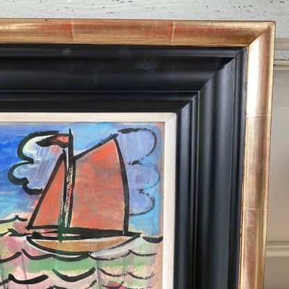 Three Sailboats - French School Mid Century Vintage Original Watercolour and Gouache Framed Painting