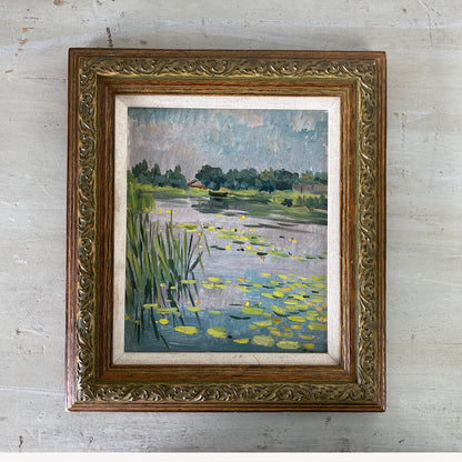 Waterlilies - Small Antique Original European Impressionist Oil Painting of a River Scene