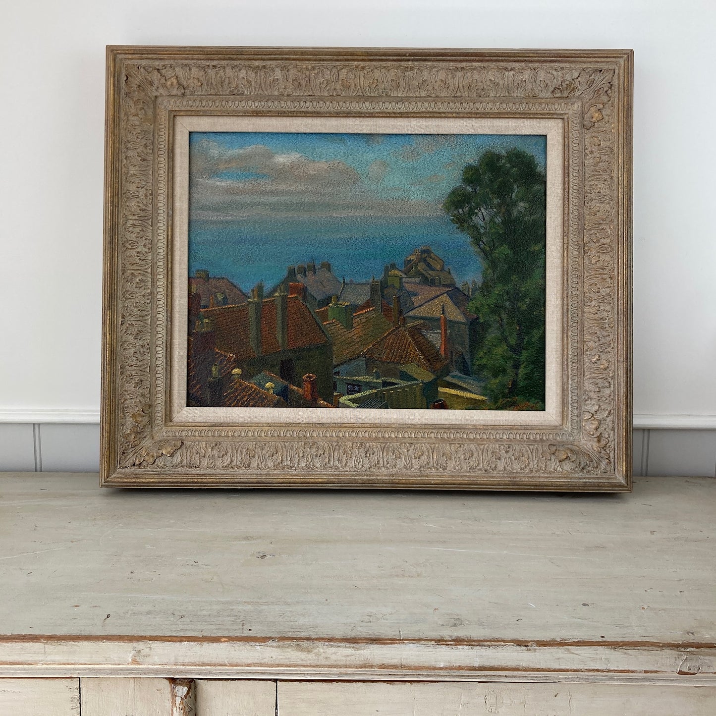 Rooftops to the Sea – British Vintage Oil on Board Framed Painting
