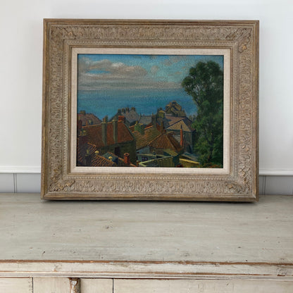 Rooftops to the Sea – British Vintage Oil on Board Framed Painting