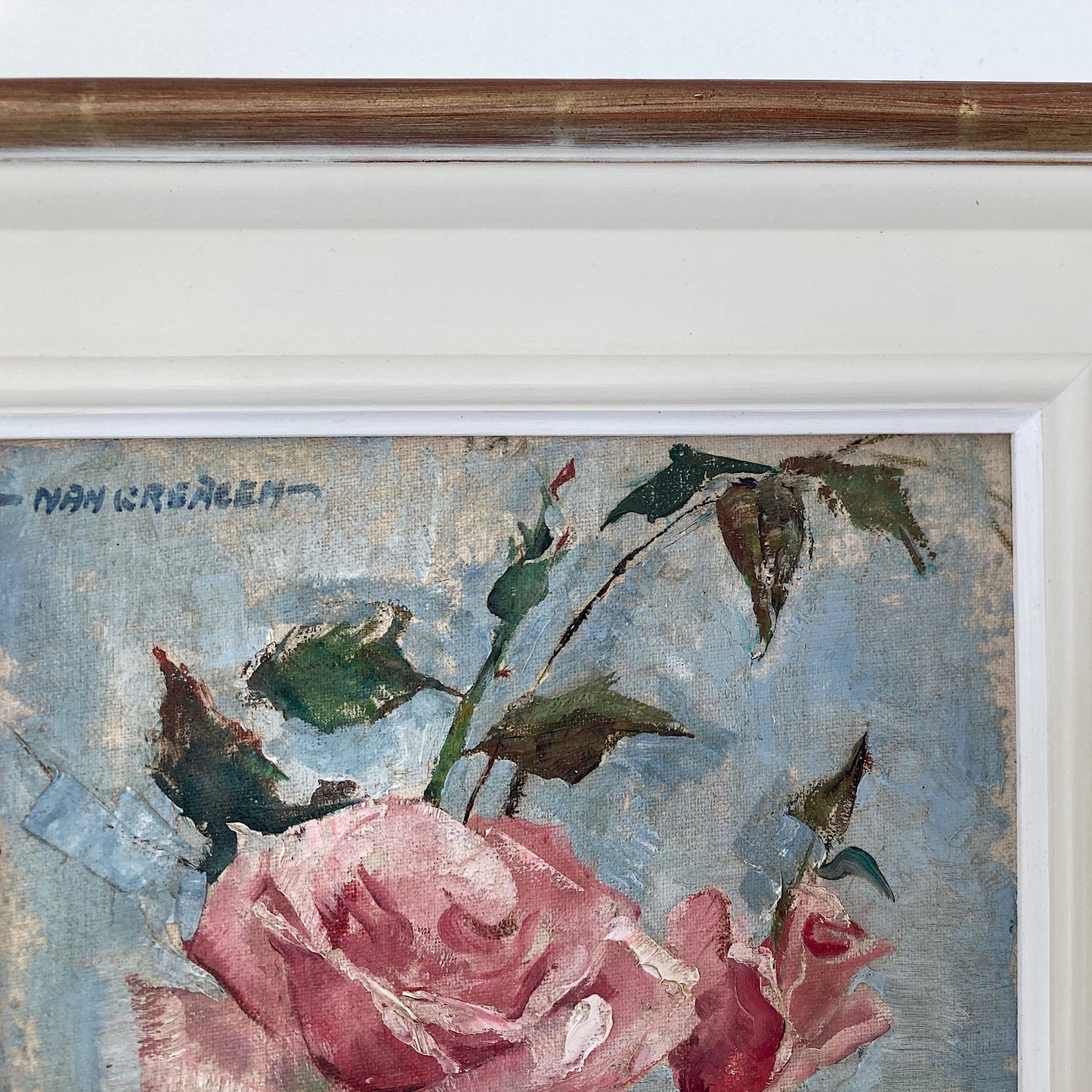 A Pair of Floral Still Life Paintings by Nan Greacen born Giverny 1908 - Impressionist Roses and Daffodils Oil on Canvas Framed Paintings