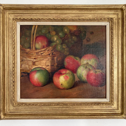 Apples Still Life - A French Original Antique Still Life Oil Painting of Apples and Grapes in a Basket - Framed Original Kitchen Art