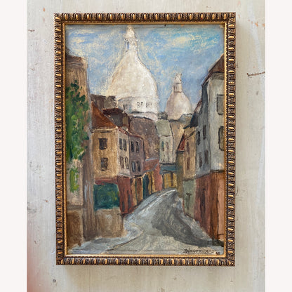 Small Vintage Paris Painting - Original Oil on Board Original Painting of a Paris Street in Monmartre with the Sacre Coeur