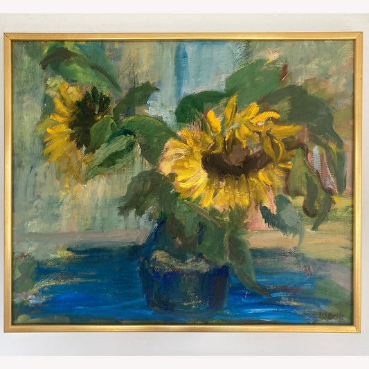 Sunflowers - Vintage European Original Still Life Oil Painting of Sunflowers in a Vase