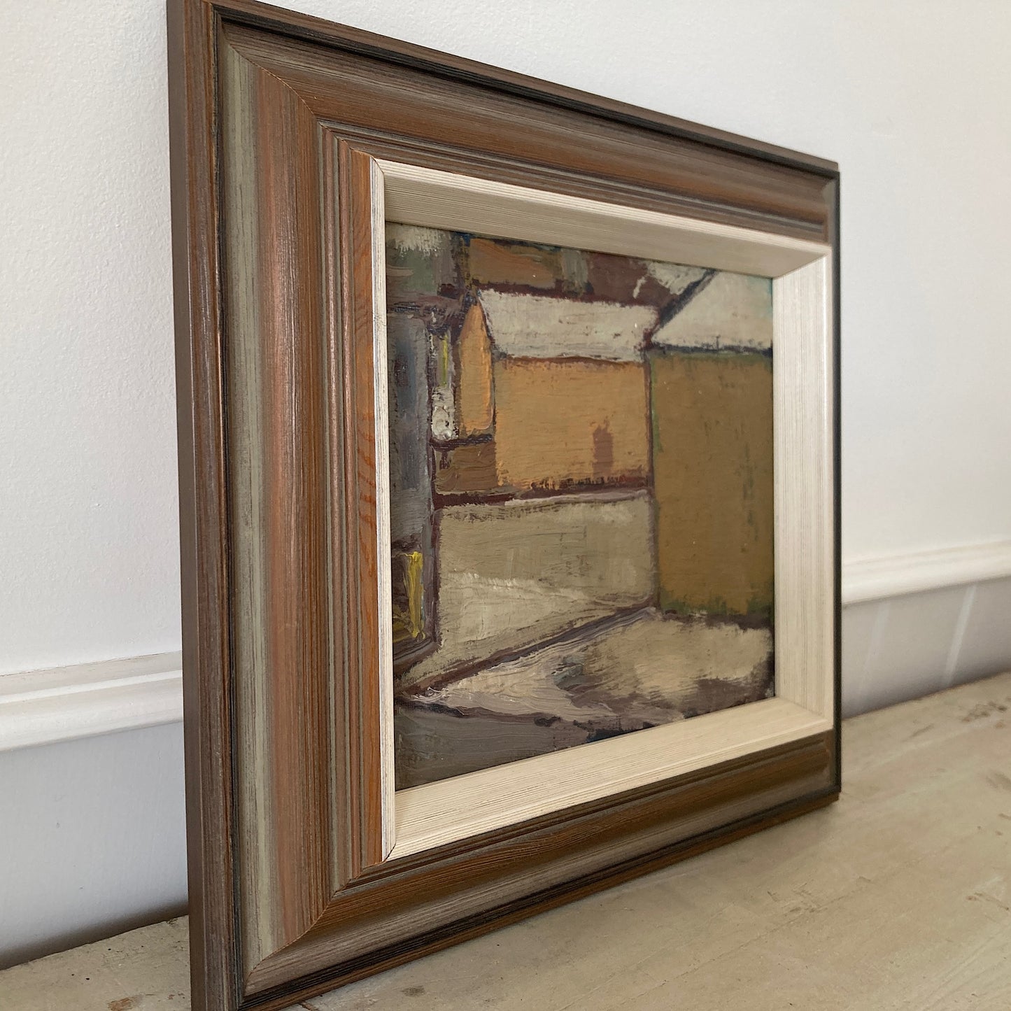 Mid Century Scandinavian Street View Oil Painting – Original Vintage Art