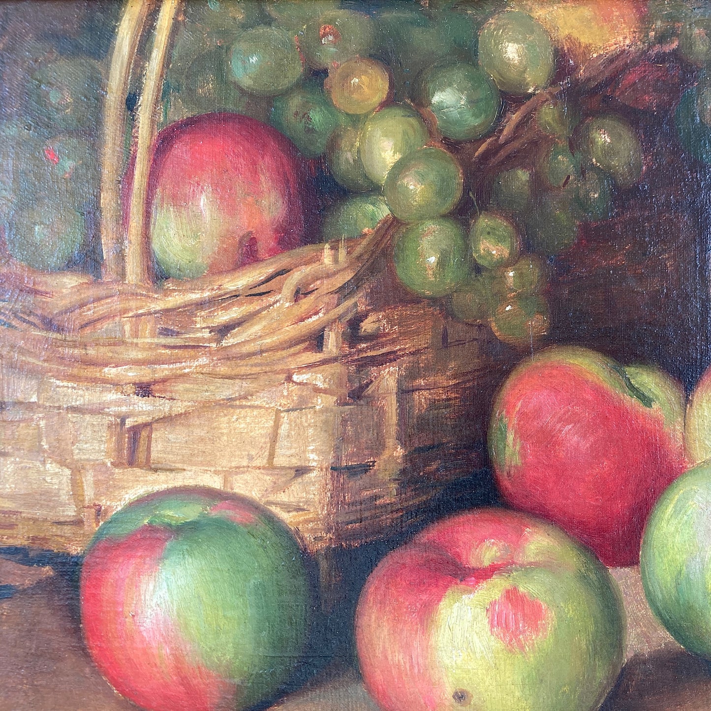 Apples Still Life - A French Original Antique Still Life Oil Painting of Apples and Grapes in a Basket - Framed Original Kitchen Art