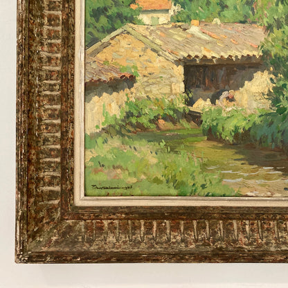 A Summer Garden in France - Medium Antique Original European Impressionist Oil Painting of a French Garden