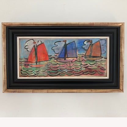 Three Sailboats - French School Mid Century Vintage Original Watercolour and Gouache Framed Painting