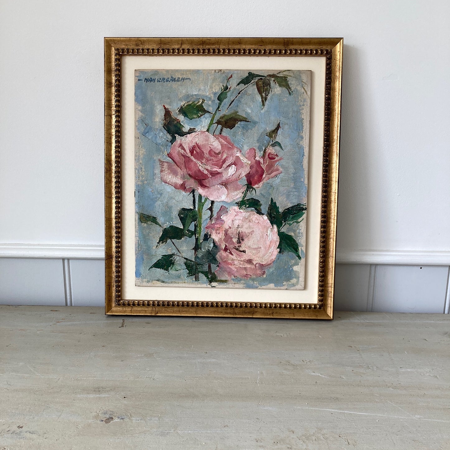 Roses Oil Painting by Nan Greacen – Impressionist Floral Still Life (Circa 1950)