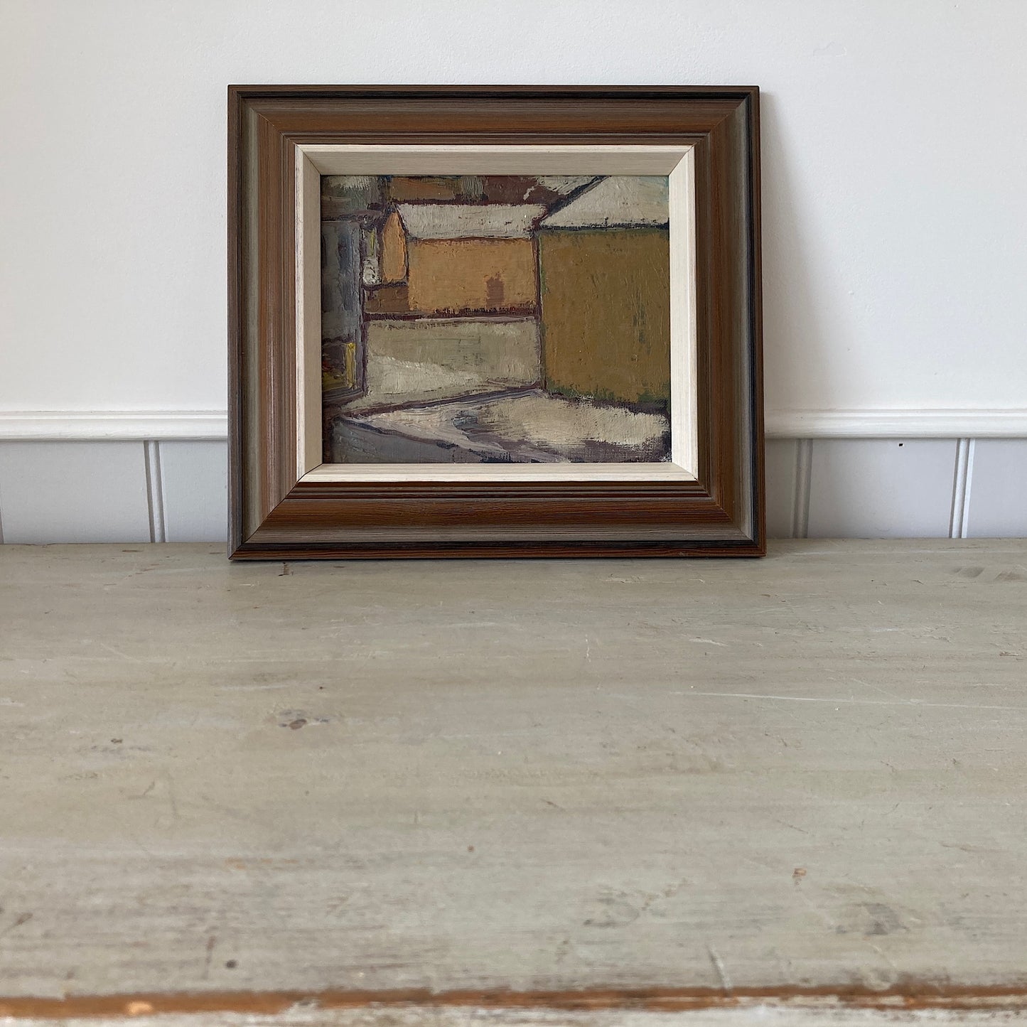 Mid Century Scandinavian Street View Oil Painting – Original Vintage Art