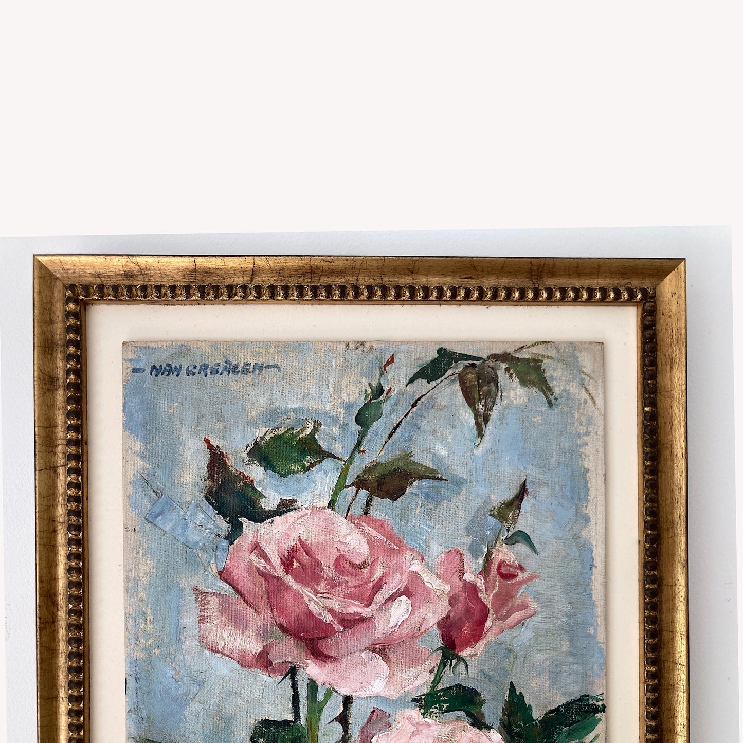 Roses Oil Painting by Nan Greacen – Impressionist Floral Still Life (Circa 1950)