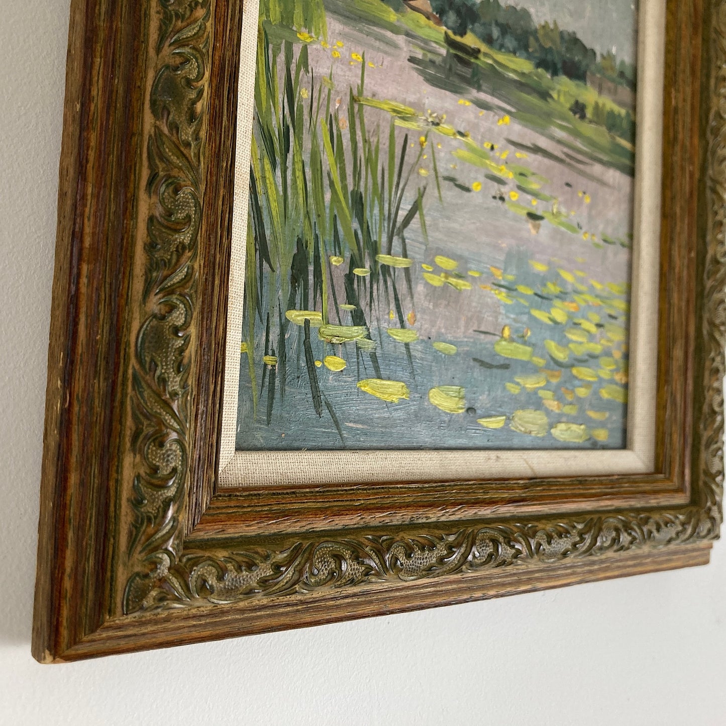 Waterlilies - Small Antique Original European Impressionist Oil Painting of a River Scene