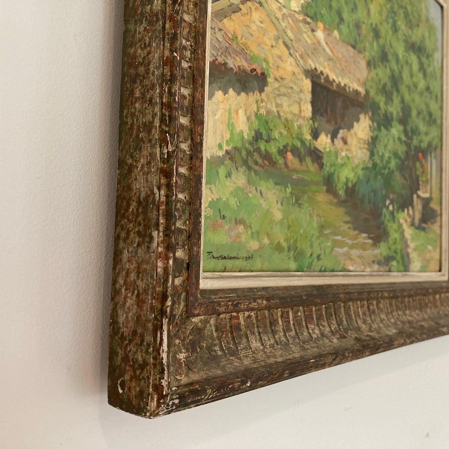 A Summer Garden in France - Medium Antique Original European Impressionist Oil Painting of a French Garden