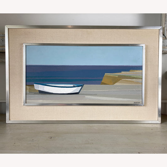 Modernist Shore and Boat - Vintage Original Oil on Board of Brittany France by Pascal Besson (born 1931)