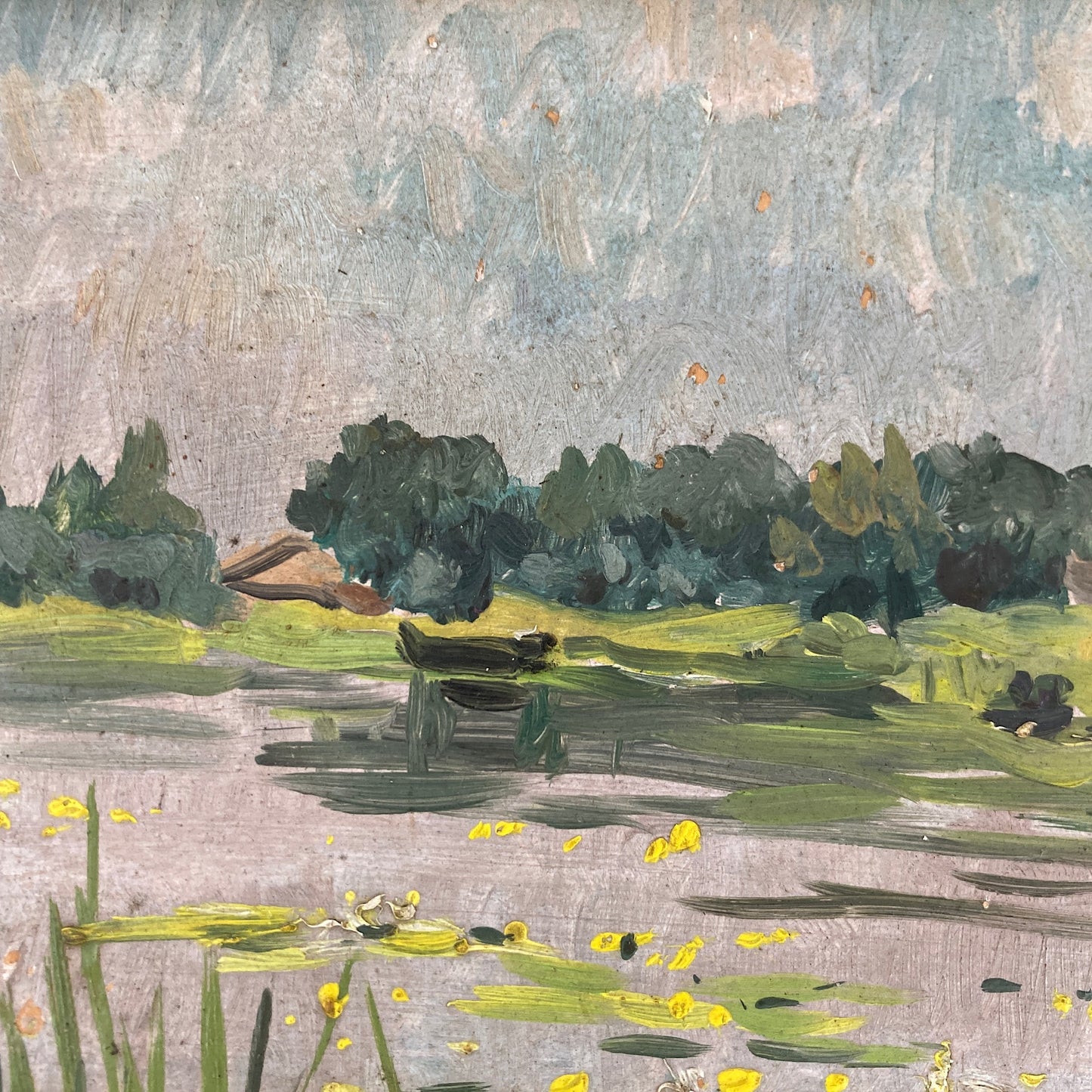 Waterlilies - Small Antique Original European Impressionist Oil Painting of a River Scene